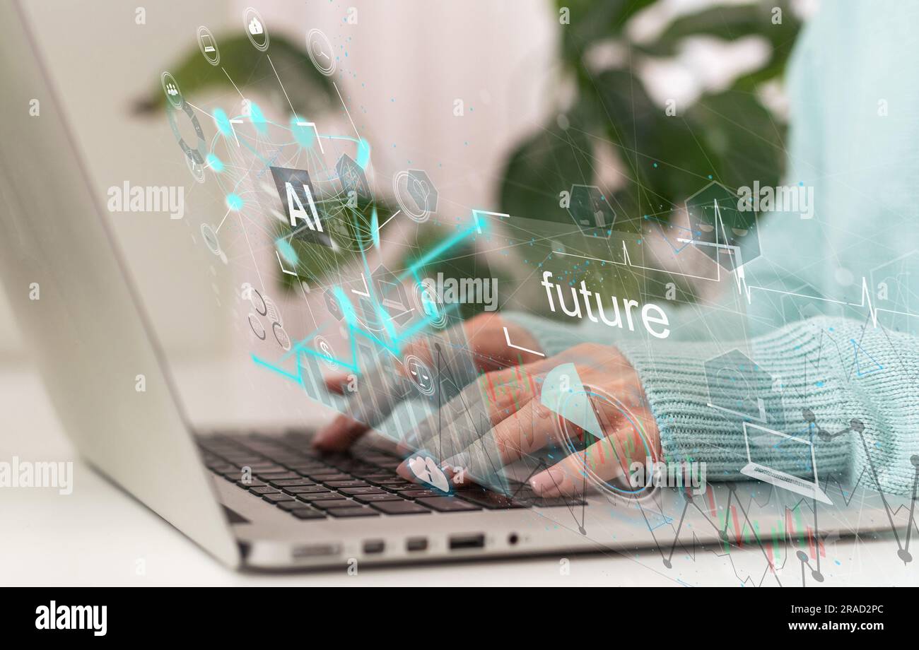 Chatbot Chat AI concept, Artificial Intelligence. Businessman using technology smart AI robot, enter command prompt, analyze data for business Stock Photo