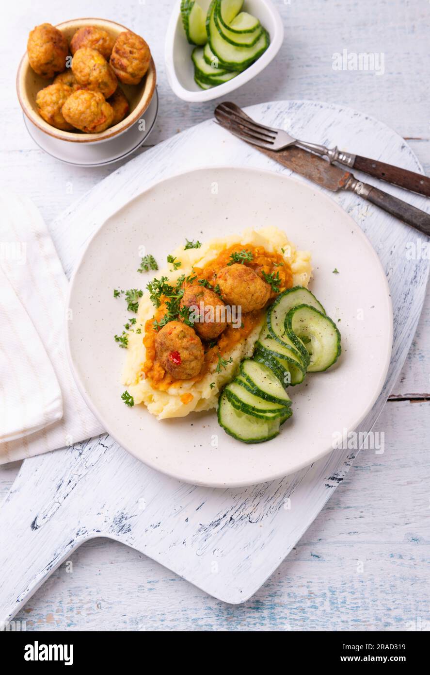 Vegan Lentil Ragout With Mashed Potatoes And Vegetable Meatballs Stock ...