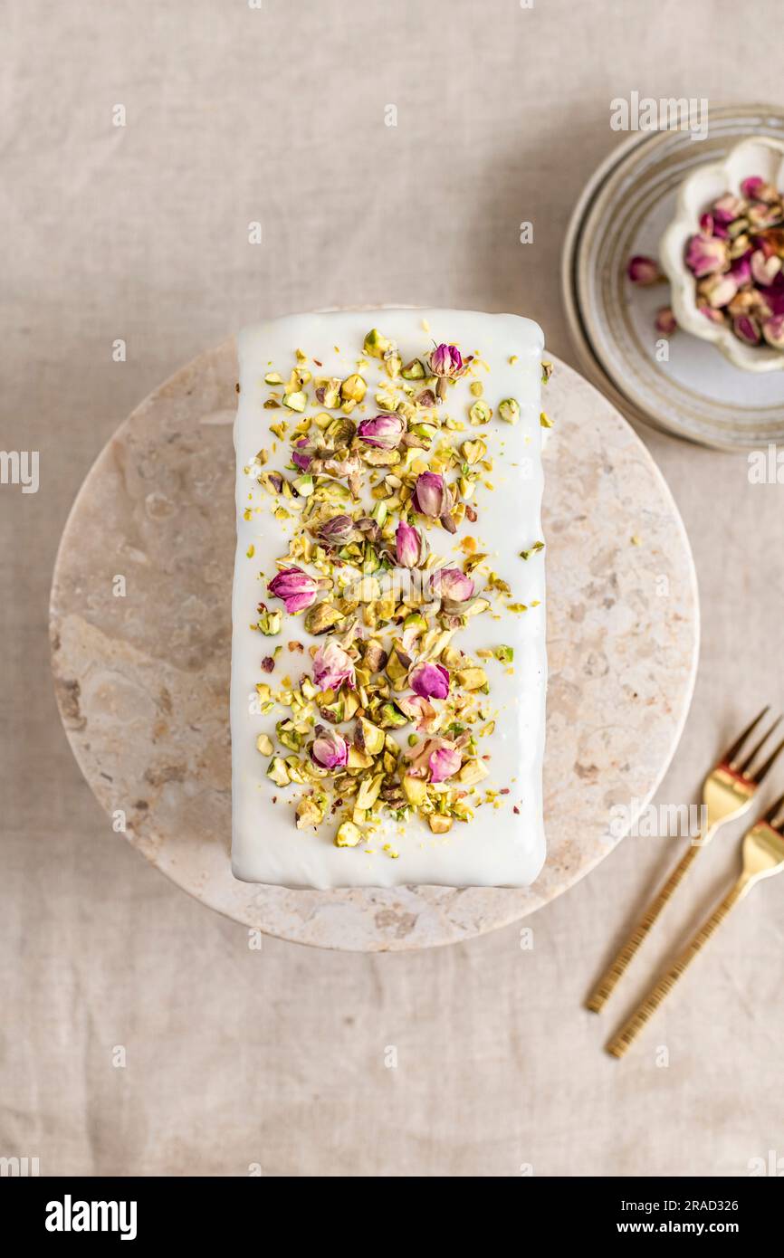 Glutenfree loaf cake with pistachios, lemon and rose petals Stock Photo Alamy