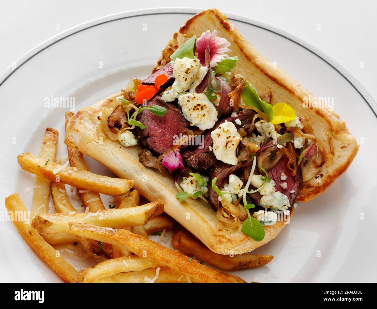 Grilled steak sandwich with caramelized onions and blue cheese, served