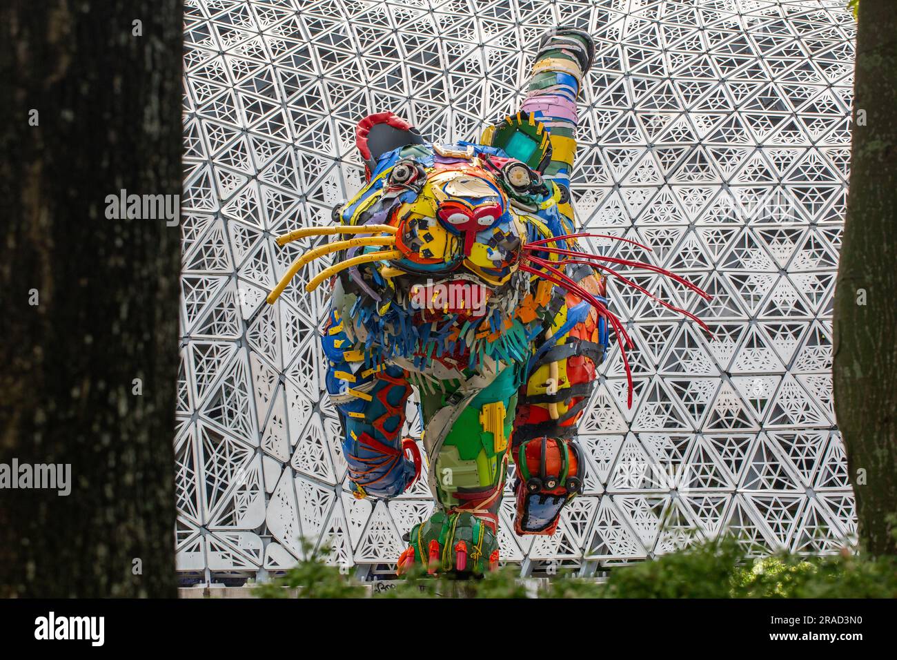 Art installation made of recycled plastic or waste produced by human, give the end-of-life materials an education concept for sustainability on earth. Stock Photo