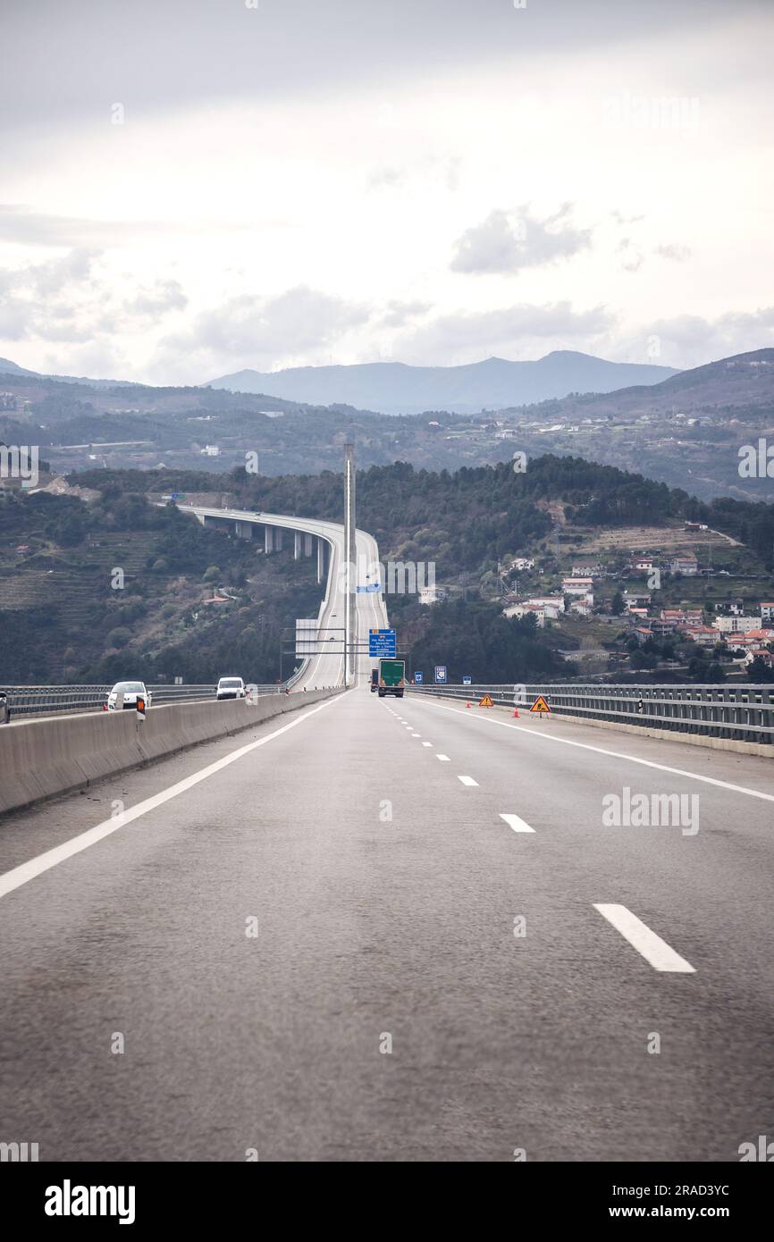 Transmontana A4 motorway, landscape and view of the bridge over the Corgo river, Vila Real, Portugal. Vertical view. Stock Photo