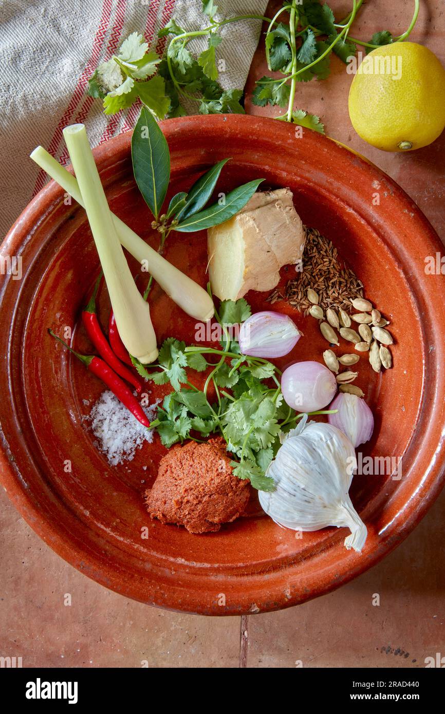 Ginger, bay leaves, coriander, chillies, shallots, lemongrass, garlic, curry paste, salt and