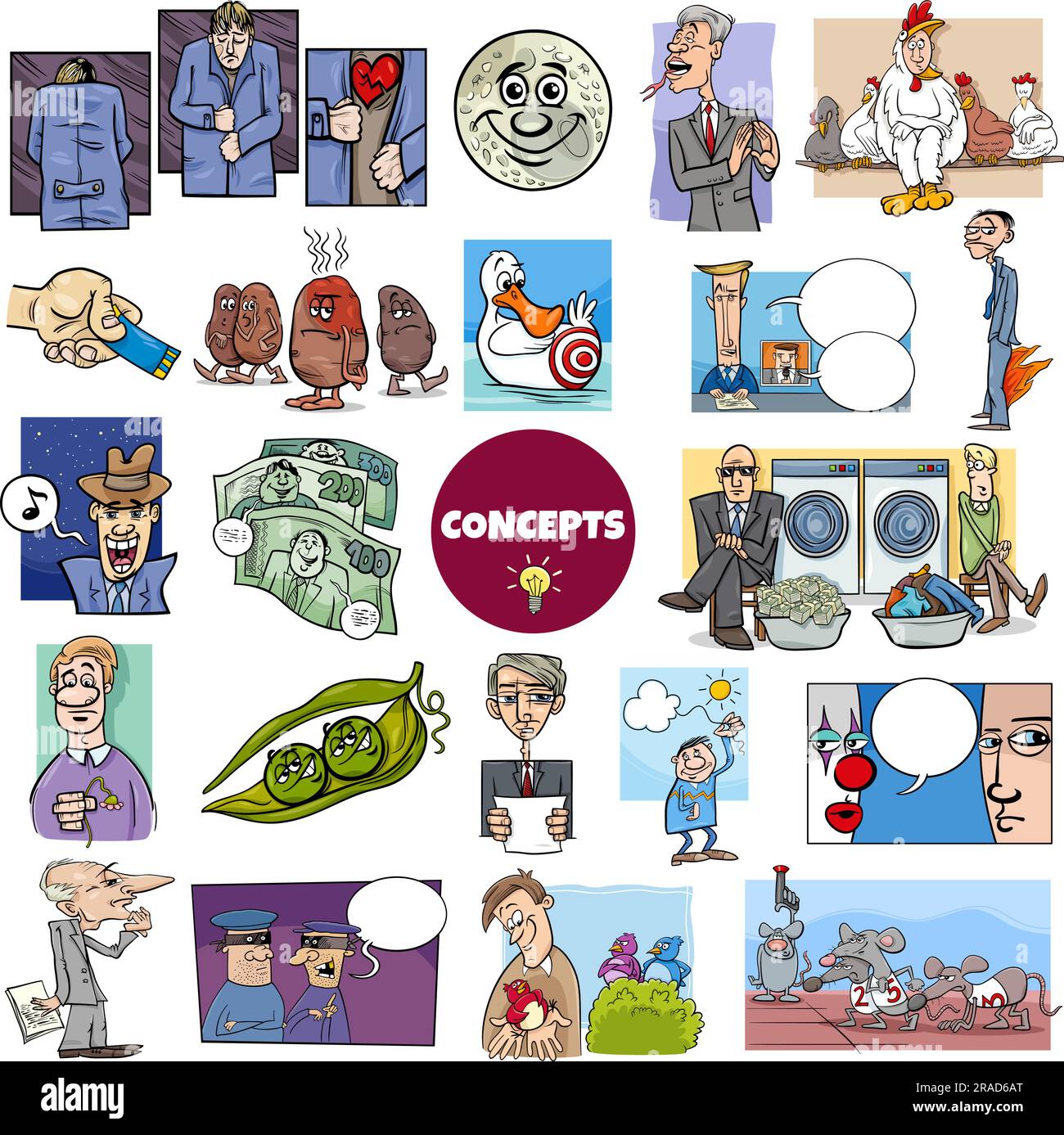Illustration big set of humorous cartoon concepts or metaphors and ideas with comic characters Stock Vector