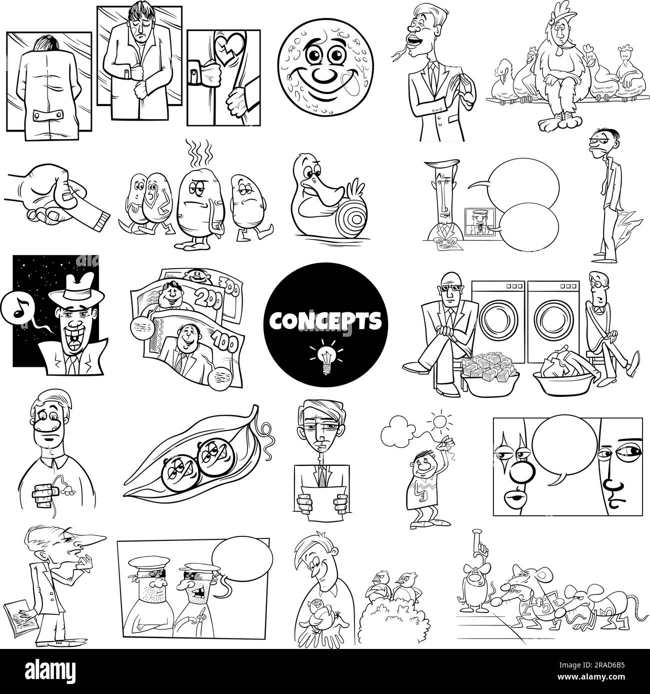Black and white ilustration set of humorous cartoon concepts or metaphors and ideas with comic characters Stock Vector