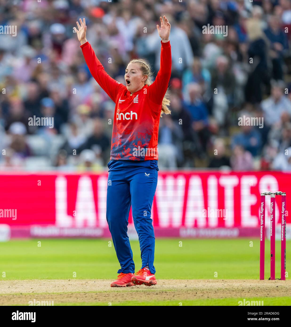 England's Sophie Ecclestone reacts to her bowling in the First Vitality IT20 between England and