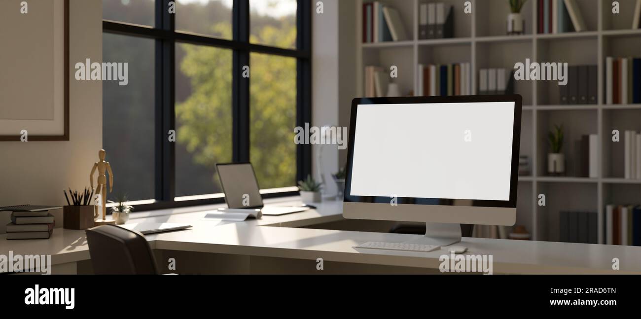 Close-up image of a modern creative office workspace with computer ...