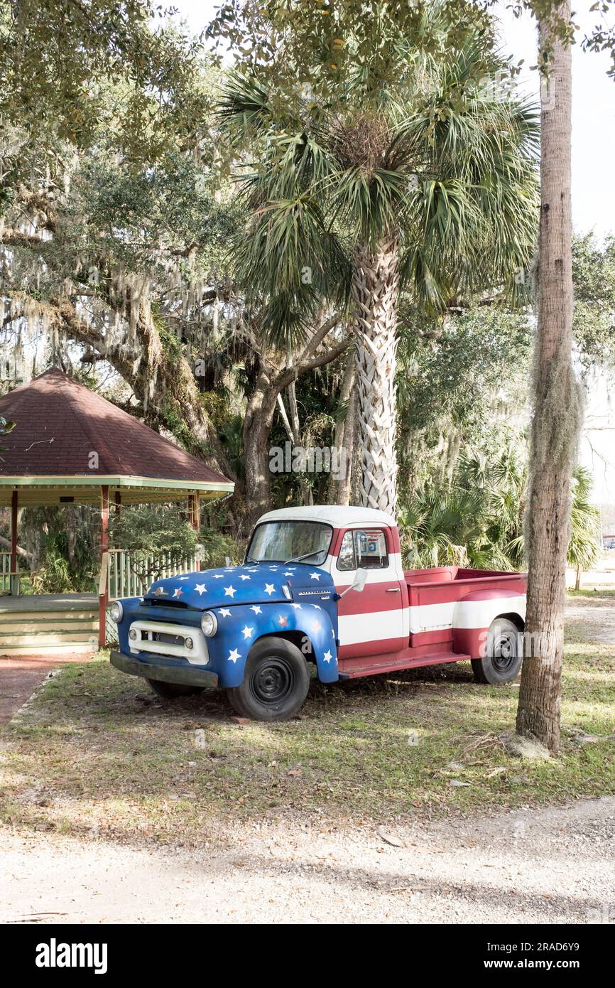 Vintage pick up truck painted with the Stars and Stripes Stock Photo