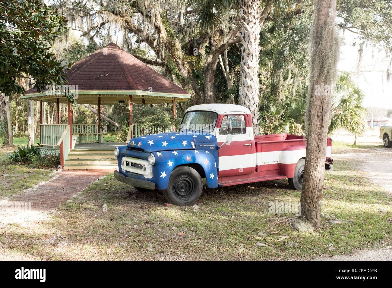 Stars and stripes vintage pick up truck Stock Photo