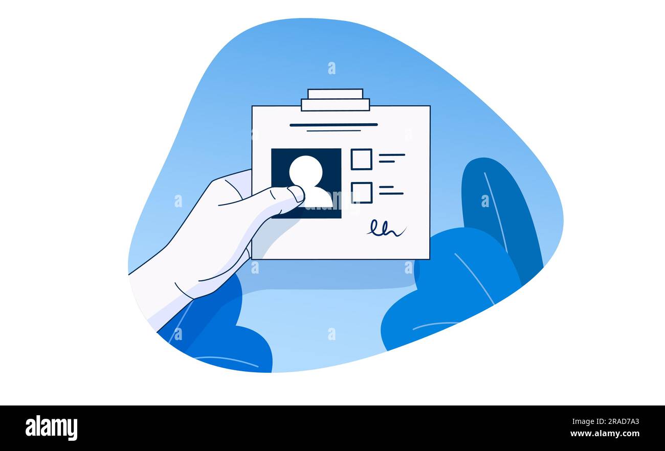 Hand holding id document or badge. Identification concept. Simple