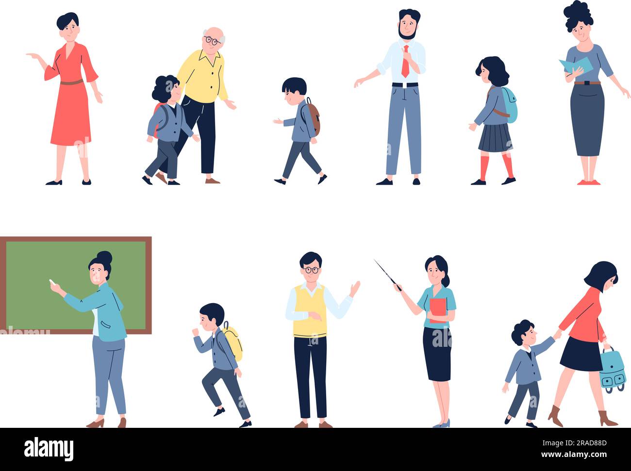 Back to school go children with backpack and parents. Teachers and