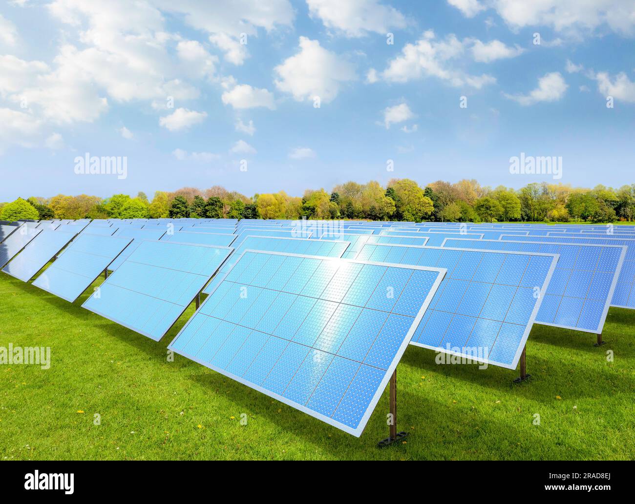 3d rendering amount of solar panels on green field or solar farm againt ...