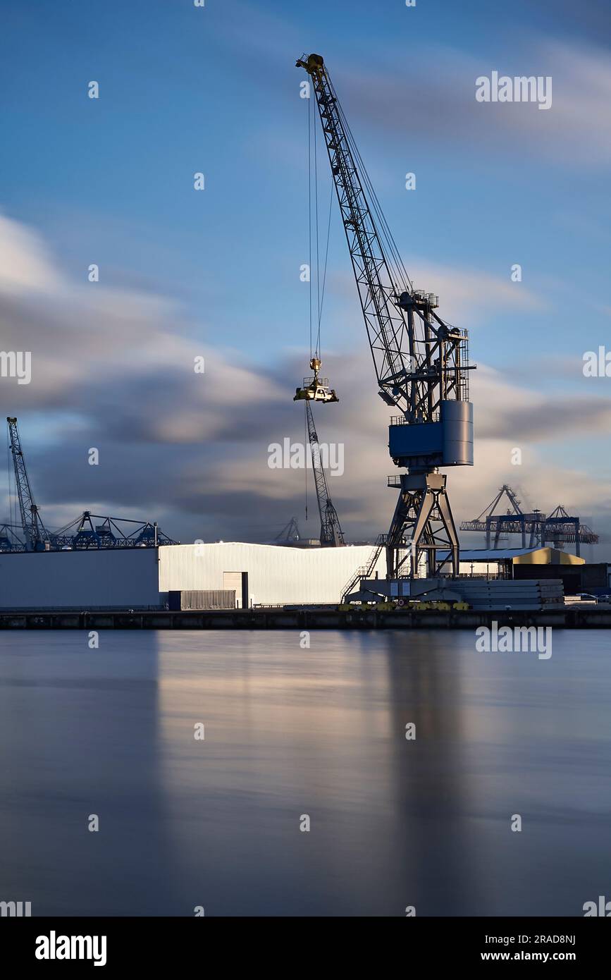Cranes loading and unloading ships in the port of Rotterdam Stock Photo ...
