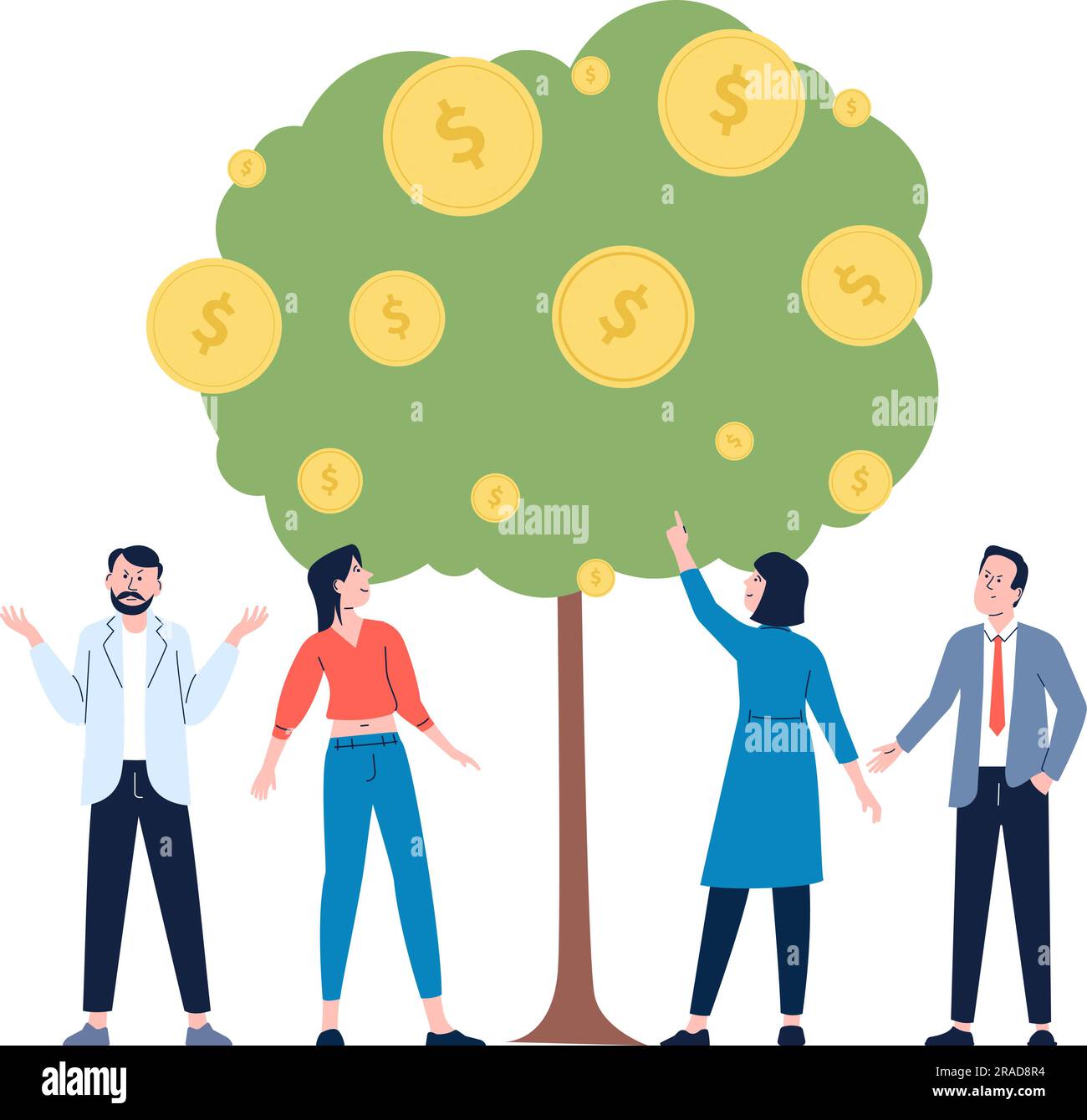 People and money tree. Collect financial harvest, profit from business and investments. Business team looking on coins, vector start up scene Stock Vector