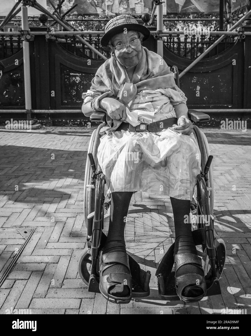 A black and white image of a nonagenarian windrush generation joins in the Windrush Day event in Brixton. Stock Photo