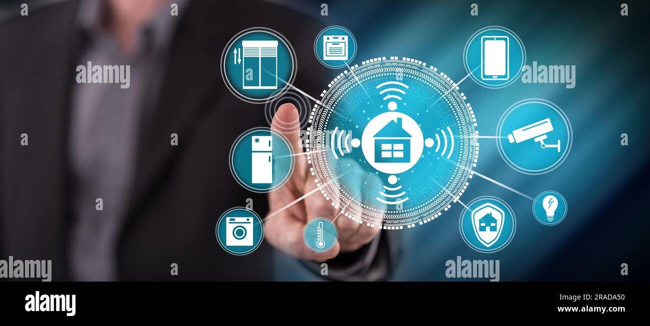 Man touching a smart home concept on a touch screen with his finger ...