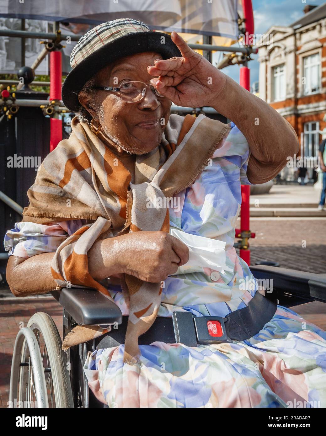 A nonagenarian windrush generation joins in the Windrush Day event in Brixton. Stock Photo