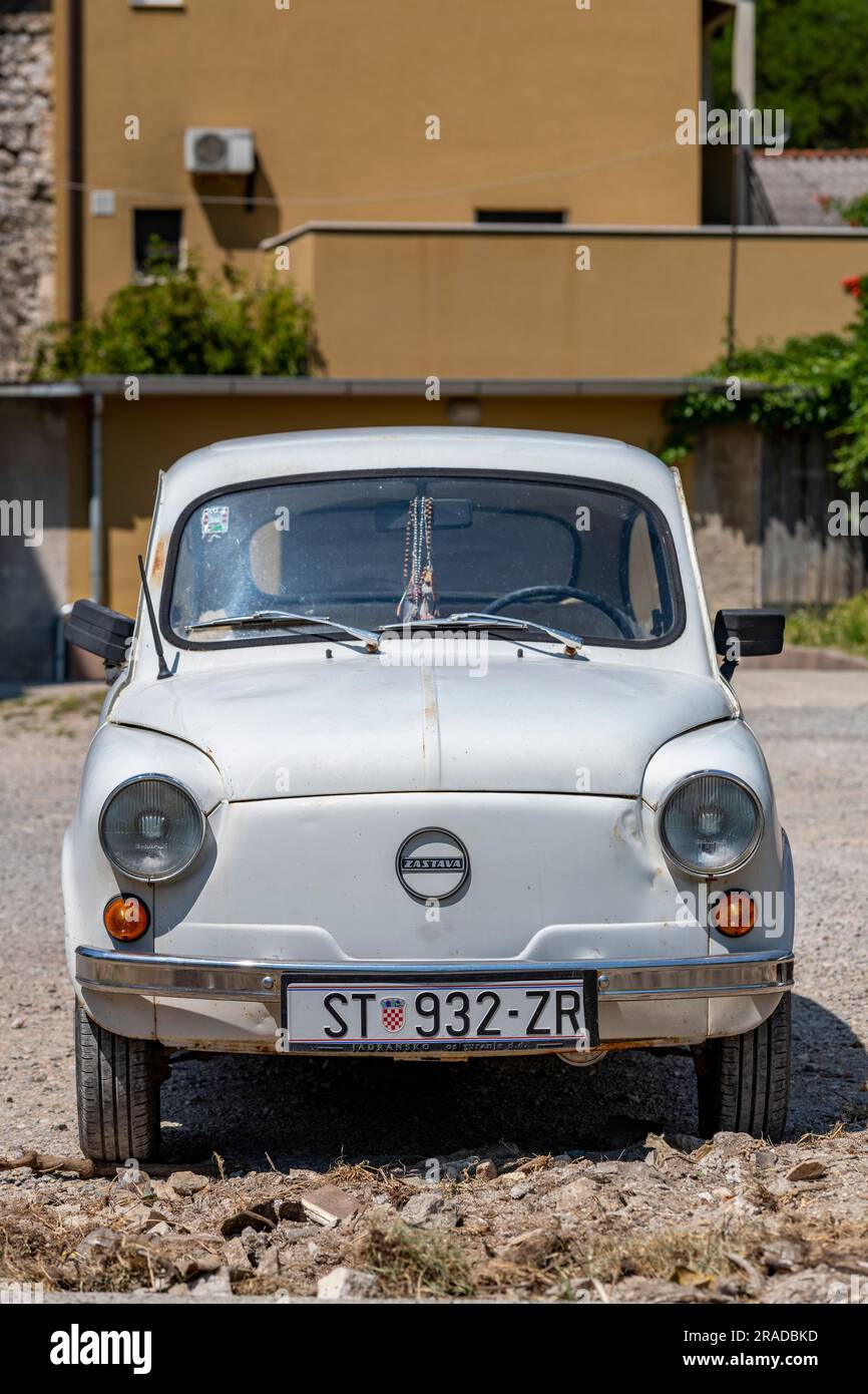 vintage zastava motor car, zastava car, old fashioned and dated zastava car in croatia. Stock Photo