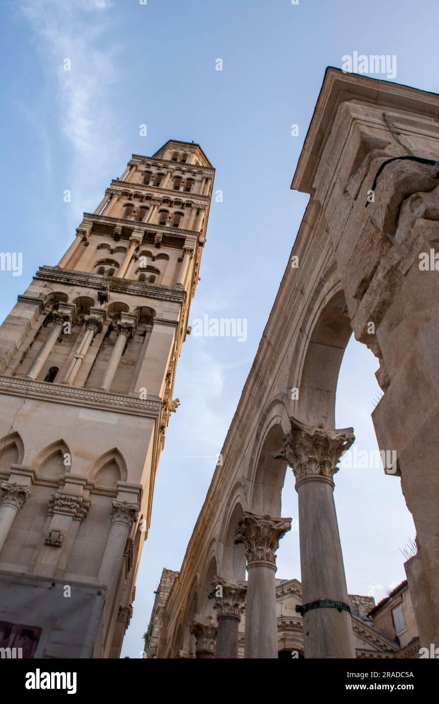 ruins of diocletians palace and the cathedral of st dominius in grad split, croatia Stock Photo