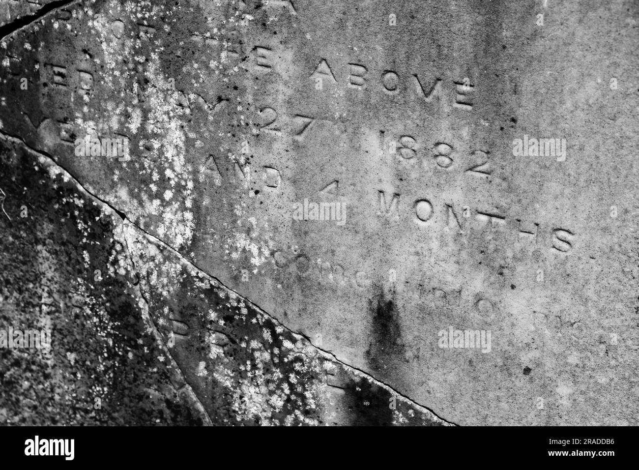 Detail from a cracked and aged Victorian era headstone for a deceased child in Bolton Street Cemetery in central Wellington, New Zealand Stock Photo