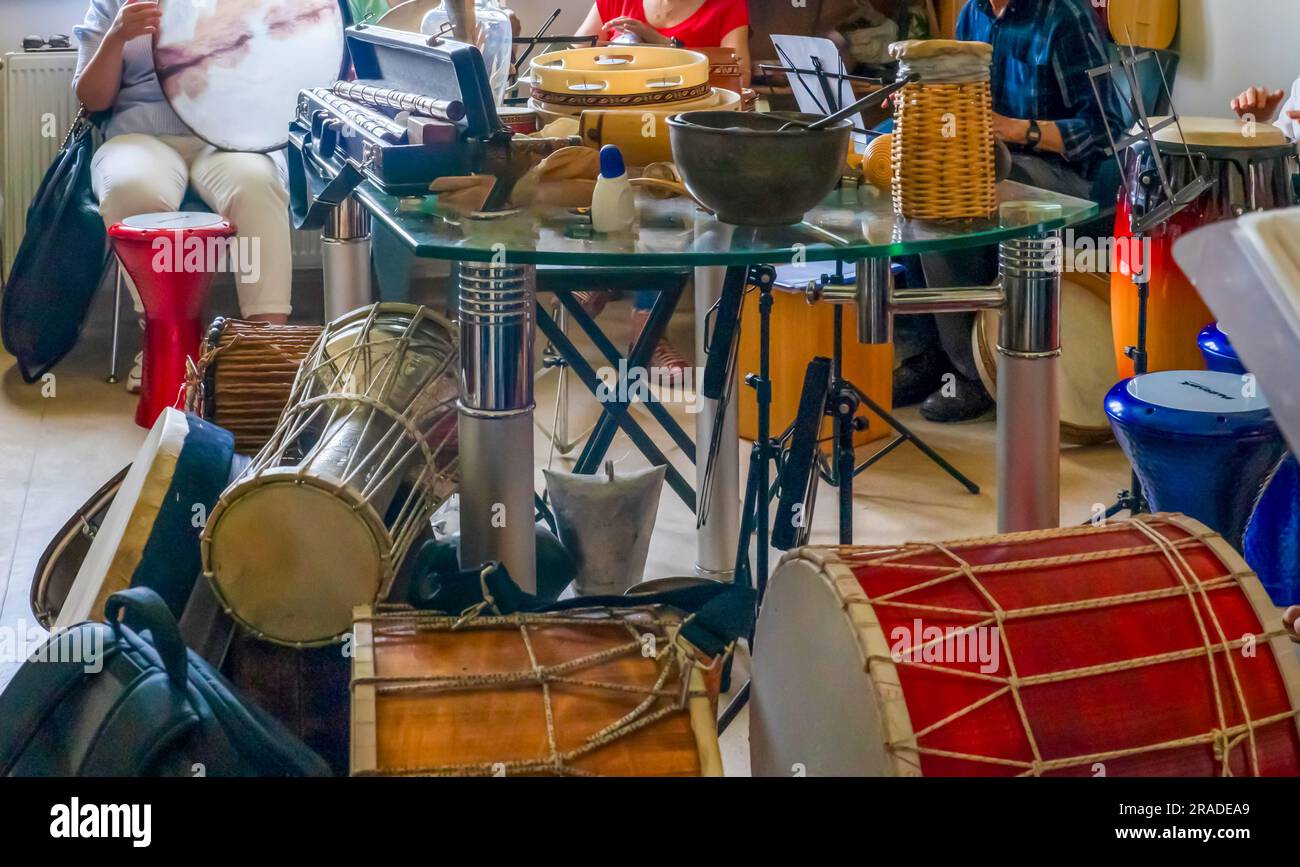 Different percussion instruments together indoor Stock Photo Alamy