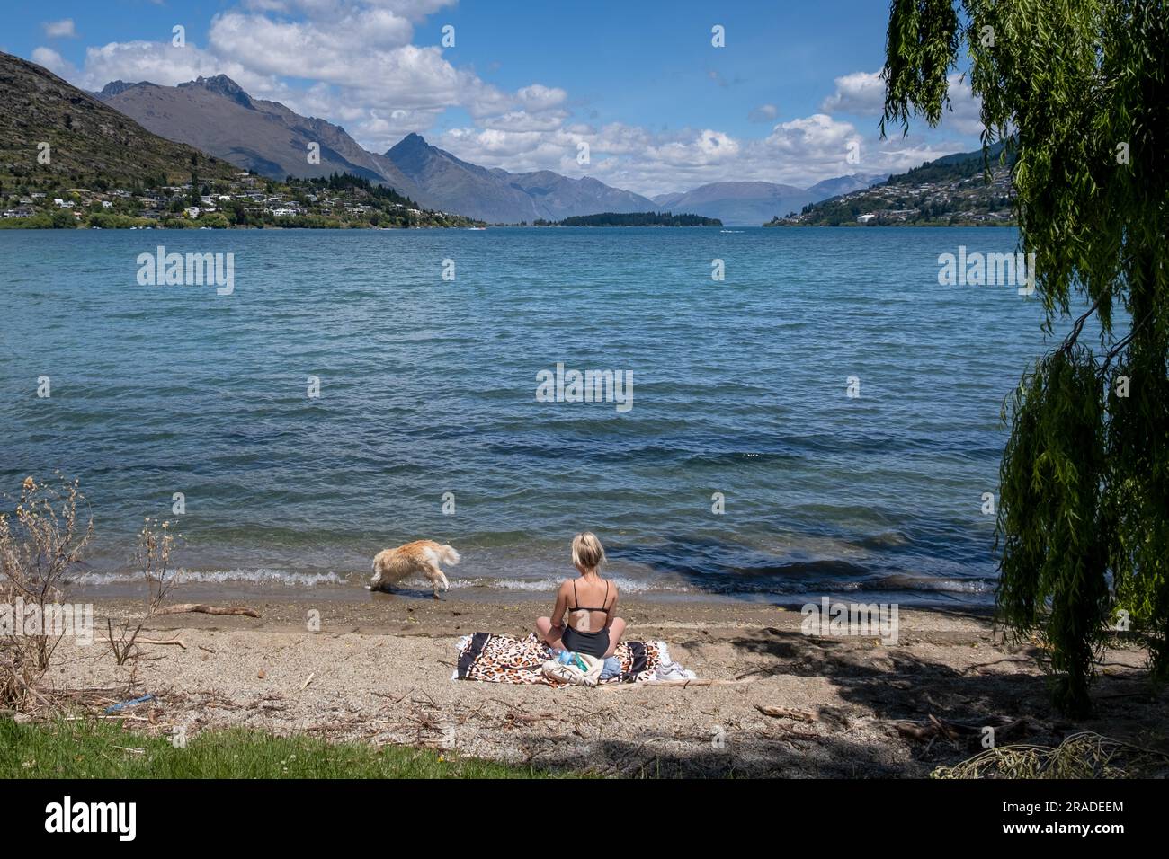A woman sunbathing with a dog on the beach at Frankton overlooking Lake