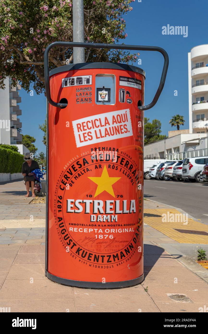 Cala Millor, Spain; june 17 2023: Recycling container for plastic containers of the Spanish beer company Estrella-Damm. Cala Millor, island of Mallorc Stock Photo