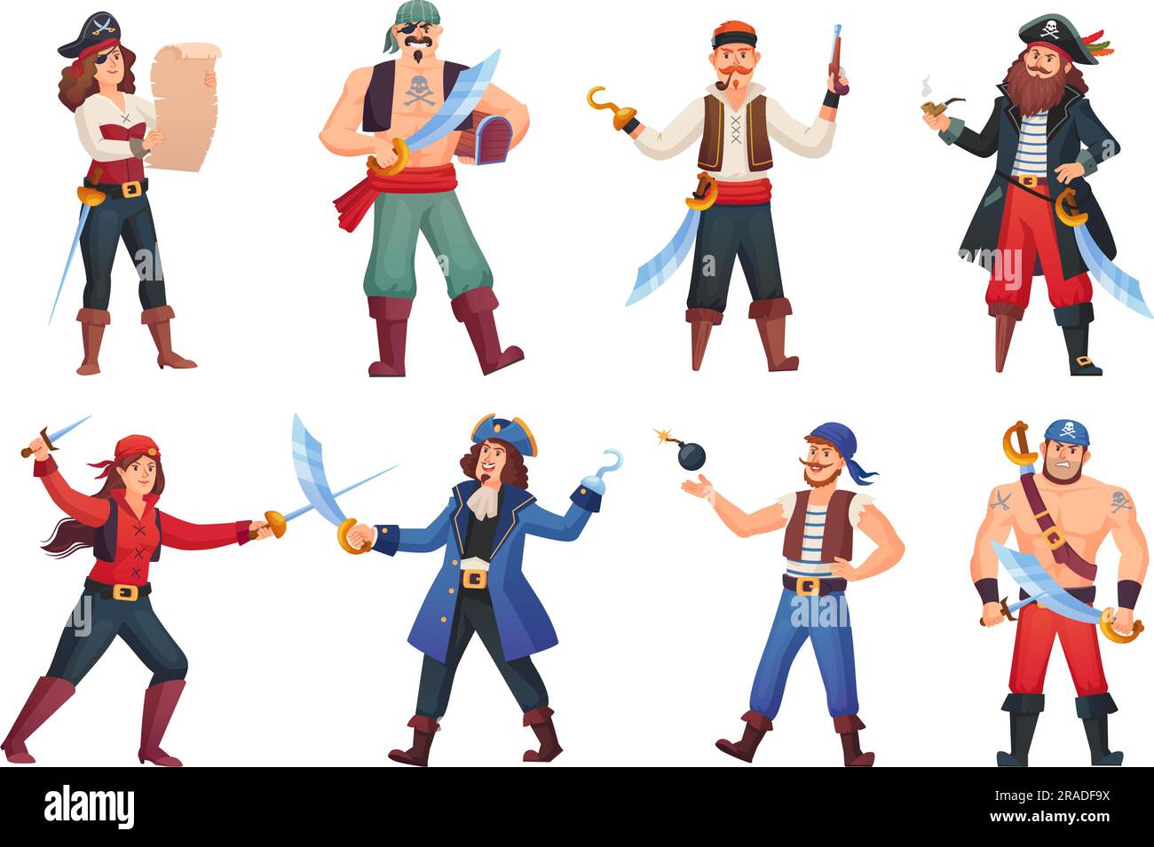 Corsairs characters. Cartoon pirates character, people in pirate costume corsair captain with hook hand sea rover happy sailors or buccaneer man pirat vector illustration of pirate corsair character Stock Vector