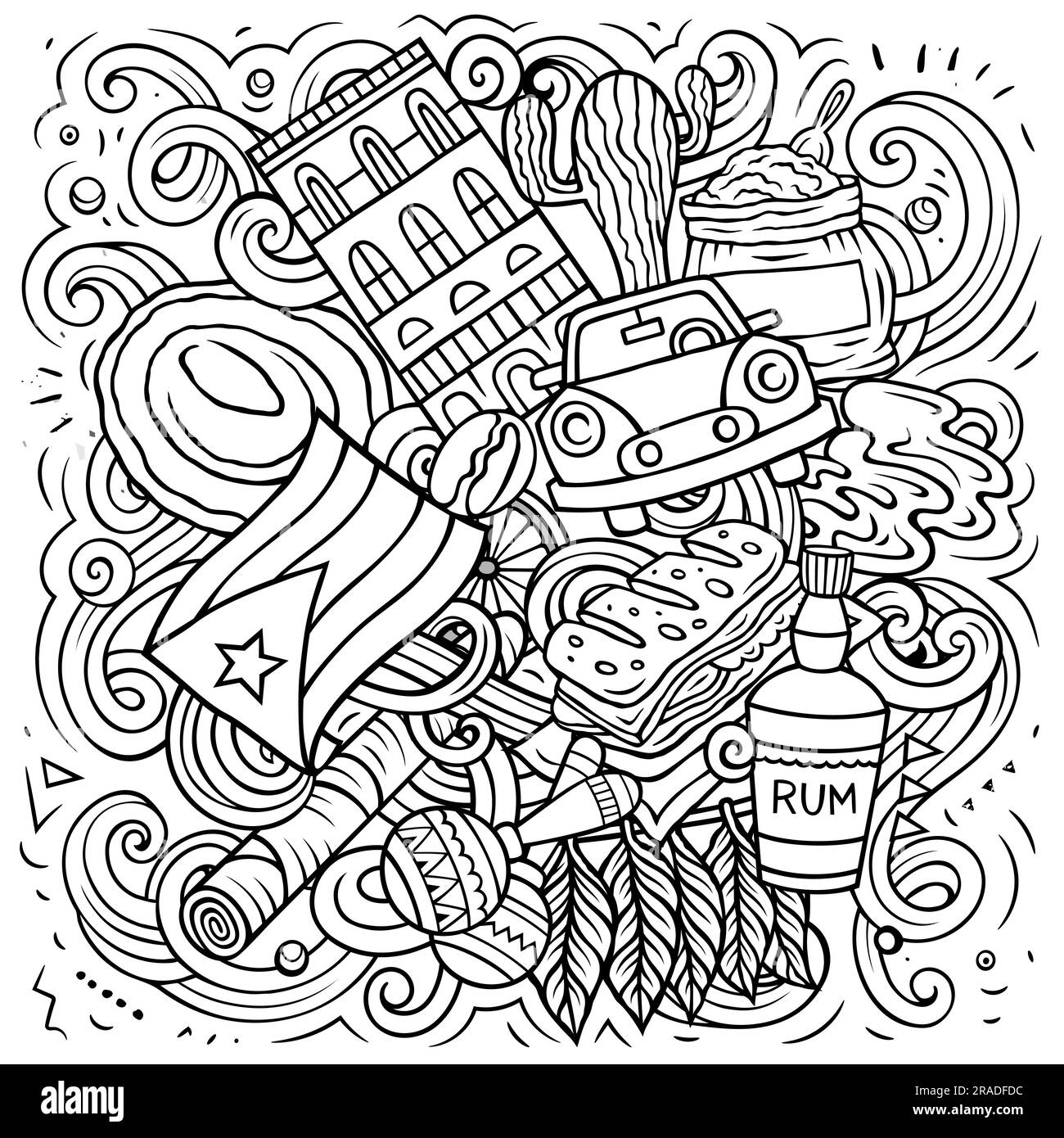 Cuba cartoon doodle illustration. Funny Cuban design. Creative vector background with north America country elements and objects. Sketchy composition Stock Vector