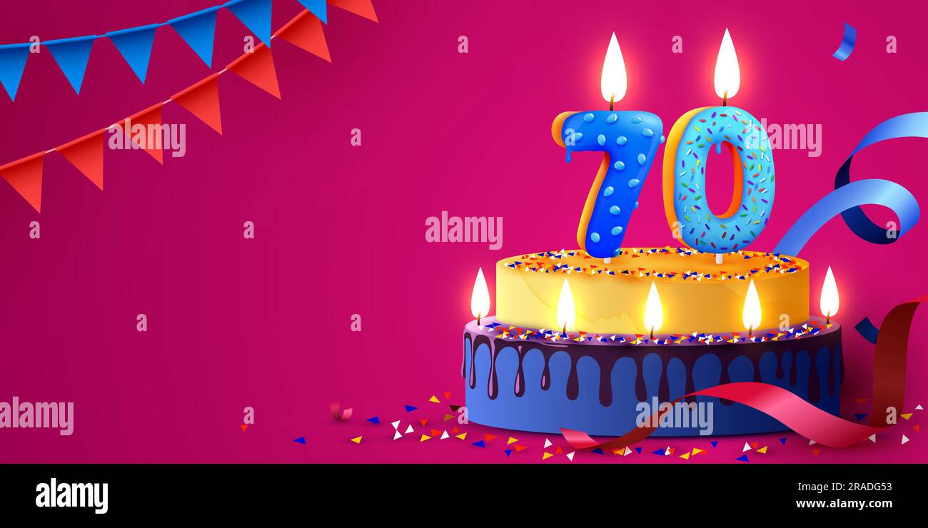 70 years anniversary. Cake with burning candles and confetti. Birthday banner. Vector illustration Stock Vector