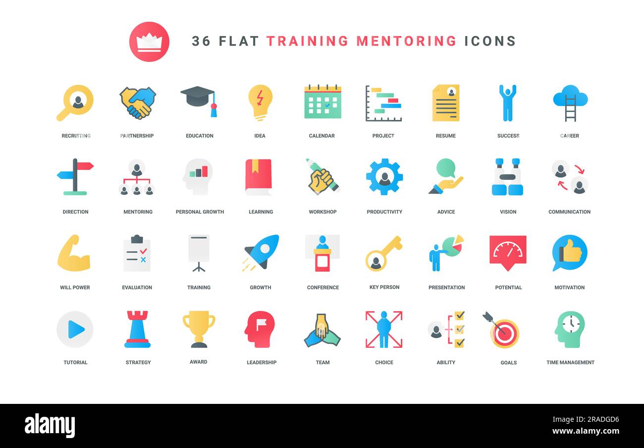 Corporate expert guidance and management, training for potential talent leaders, teamwork. Mentors advices, direction and coaching, leadership trendy flat icons set vector illustration Stock Vector