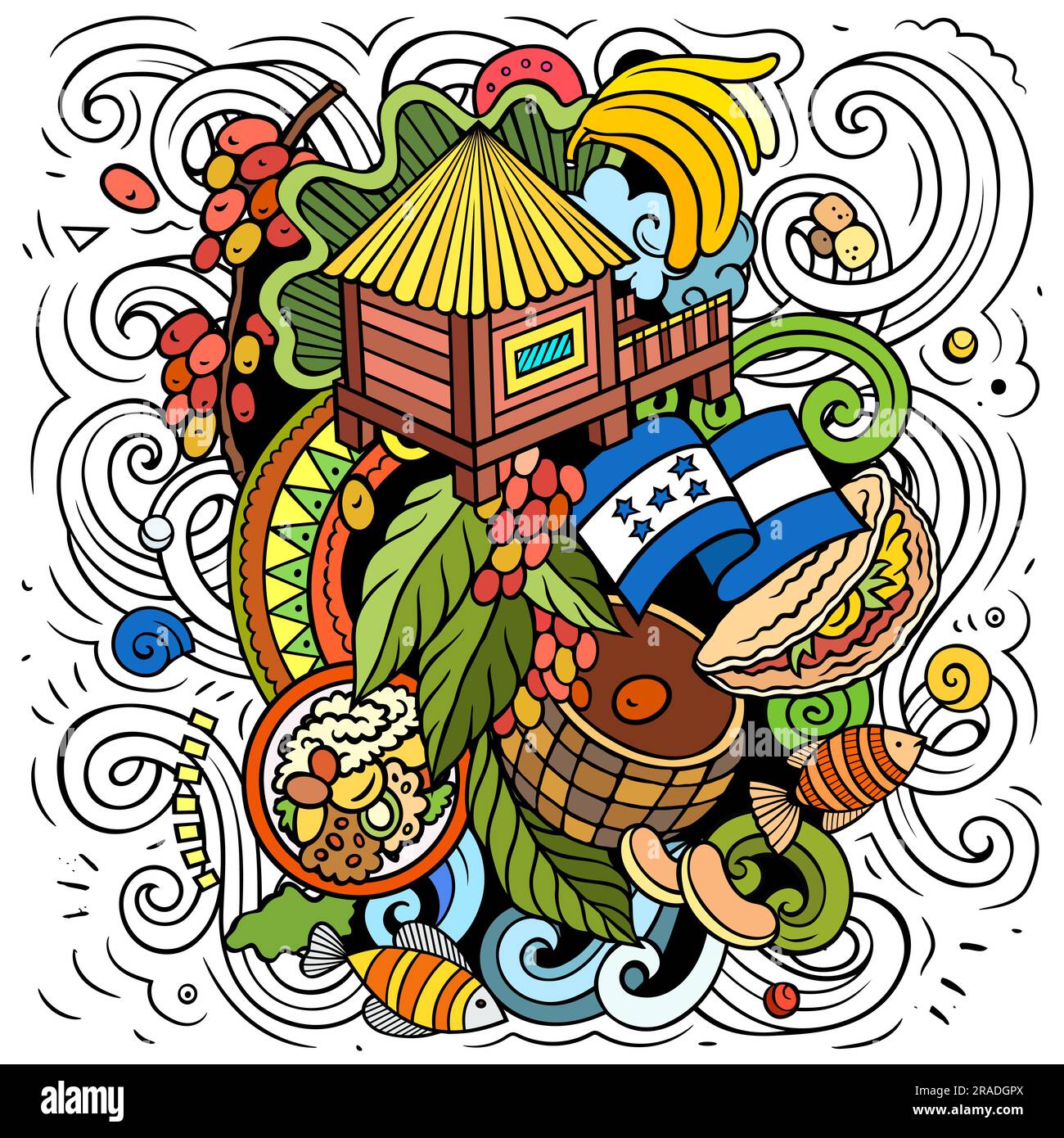 Honduras cartoon doodle illustration. Funny Honduran design. Creative vector background with central America country elements and objects. Colorful co Stock Vector