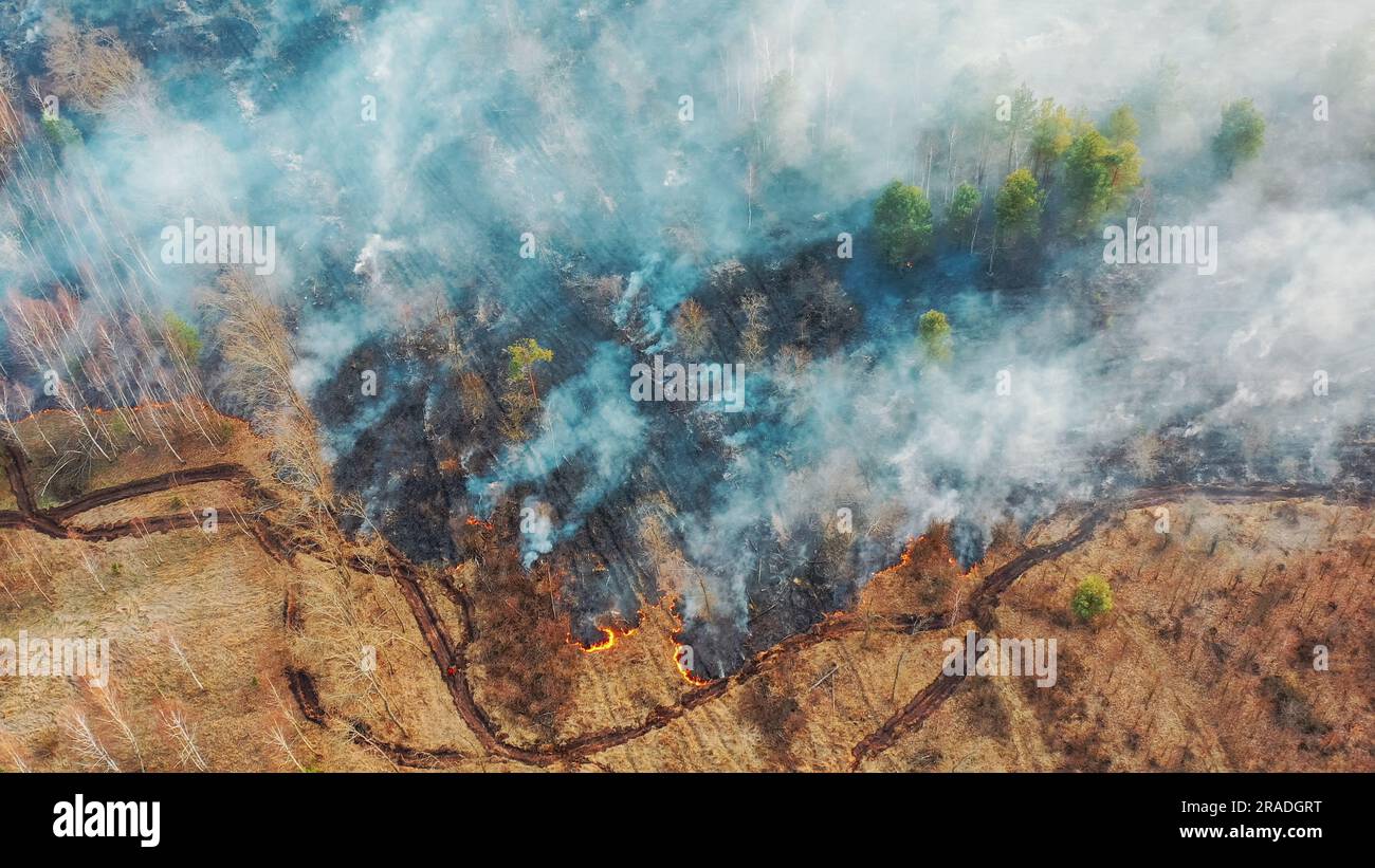 Drought Fire Aerial View. Spring Dry Grass Burns During Drought Hot Weather. Bush ...