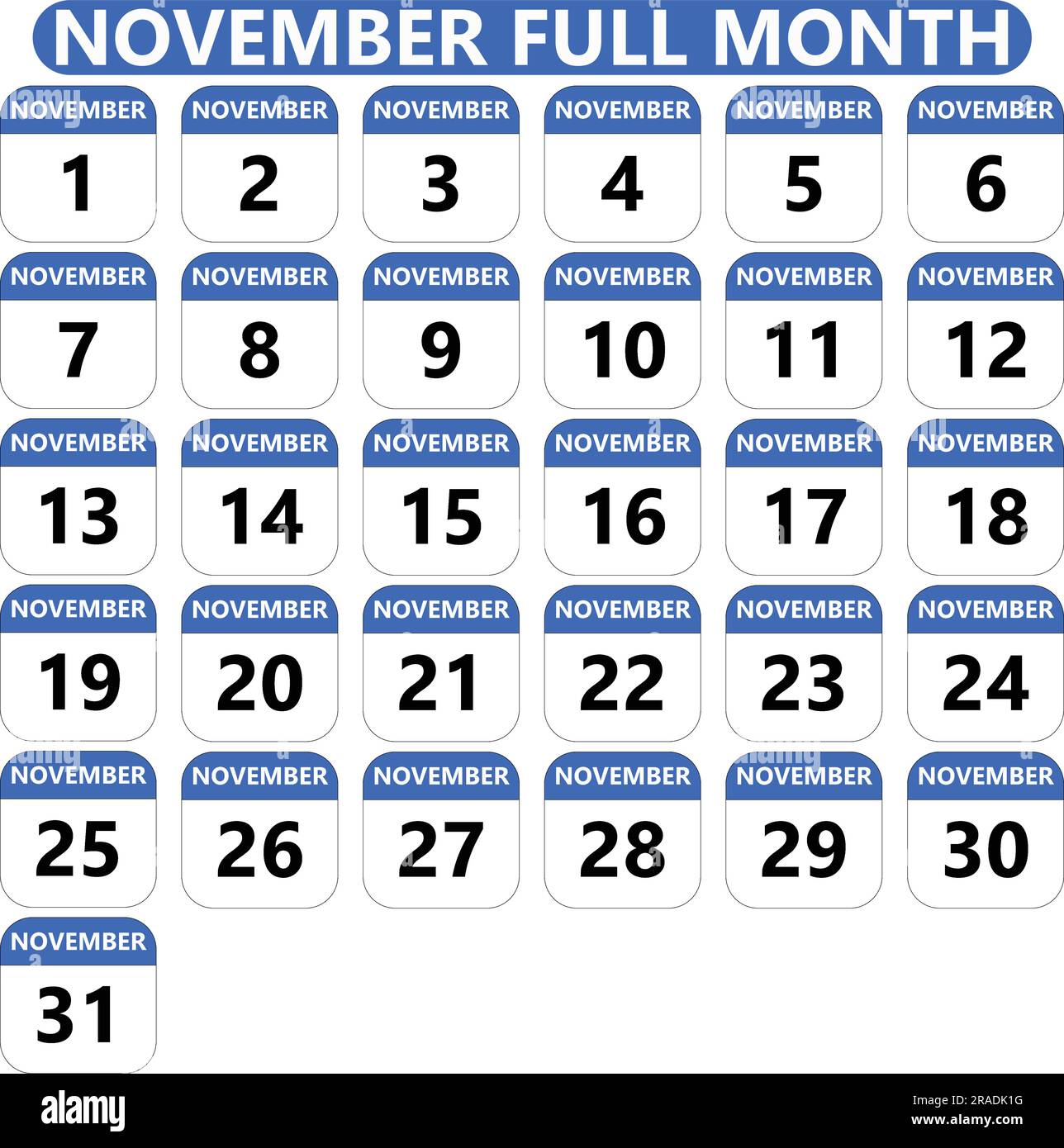 Set Full November date of month calendar in blue flat design Stock Vector