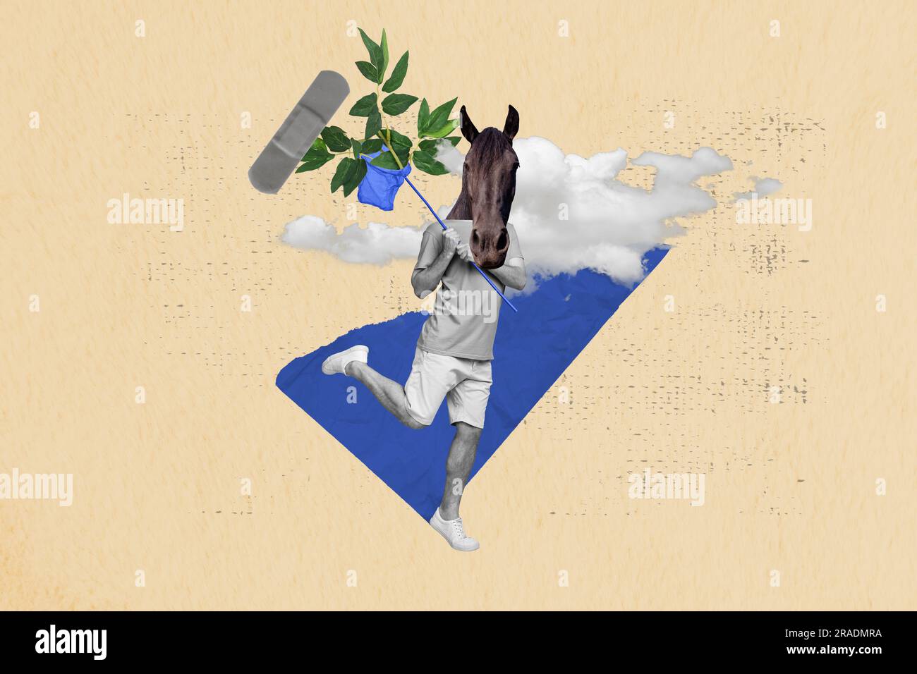 Collage image of black white effect horse head guy arms hold net catch