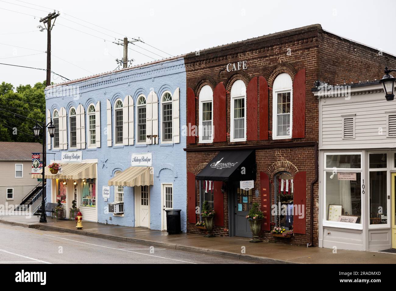 Shops and restaurants on Main Street in Midway, Kentucky, USA, the first town established by a