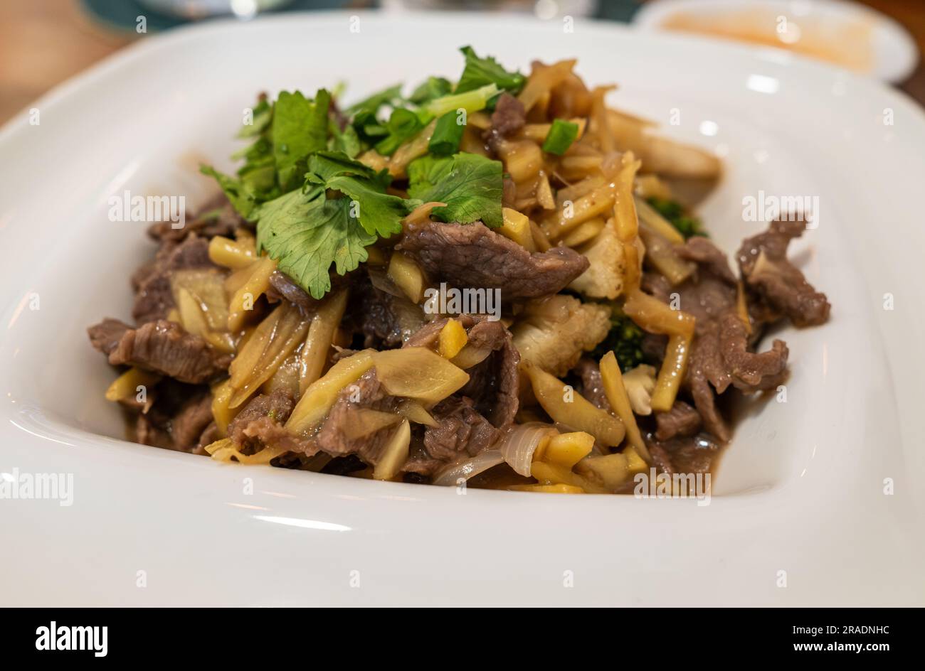 Typical Khmer stir fry dish of ginger with beef, known as Chha kh’nhei