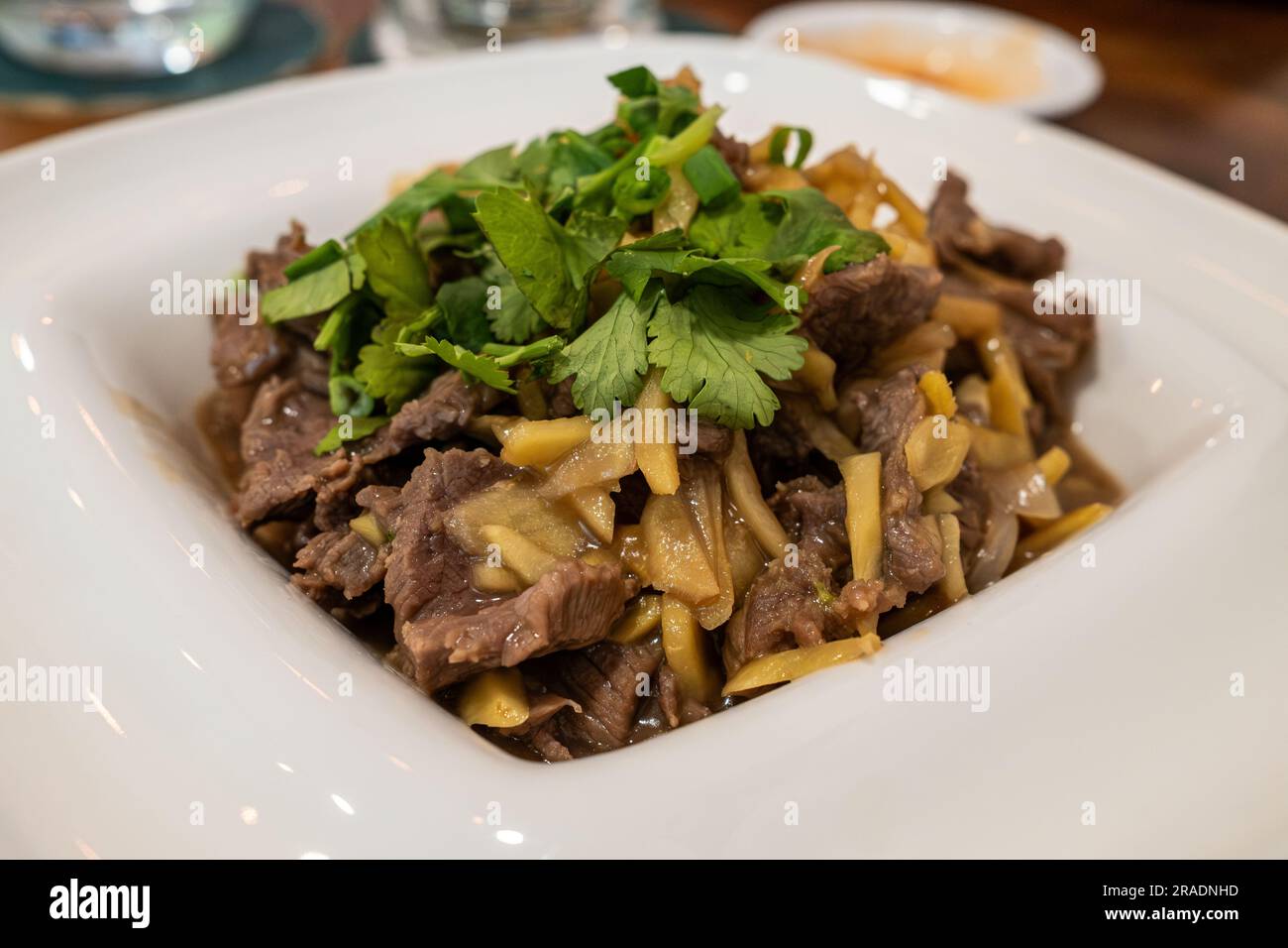 Typical Khmer stir fry dish of ginger with beef, known as Chha kh’nhei