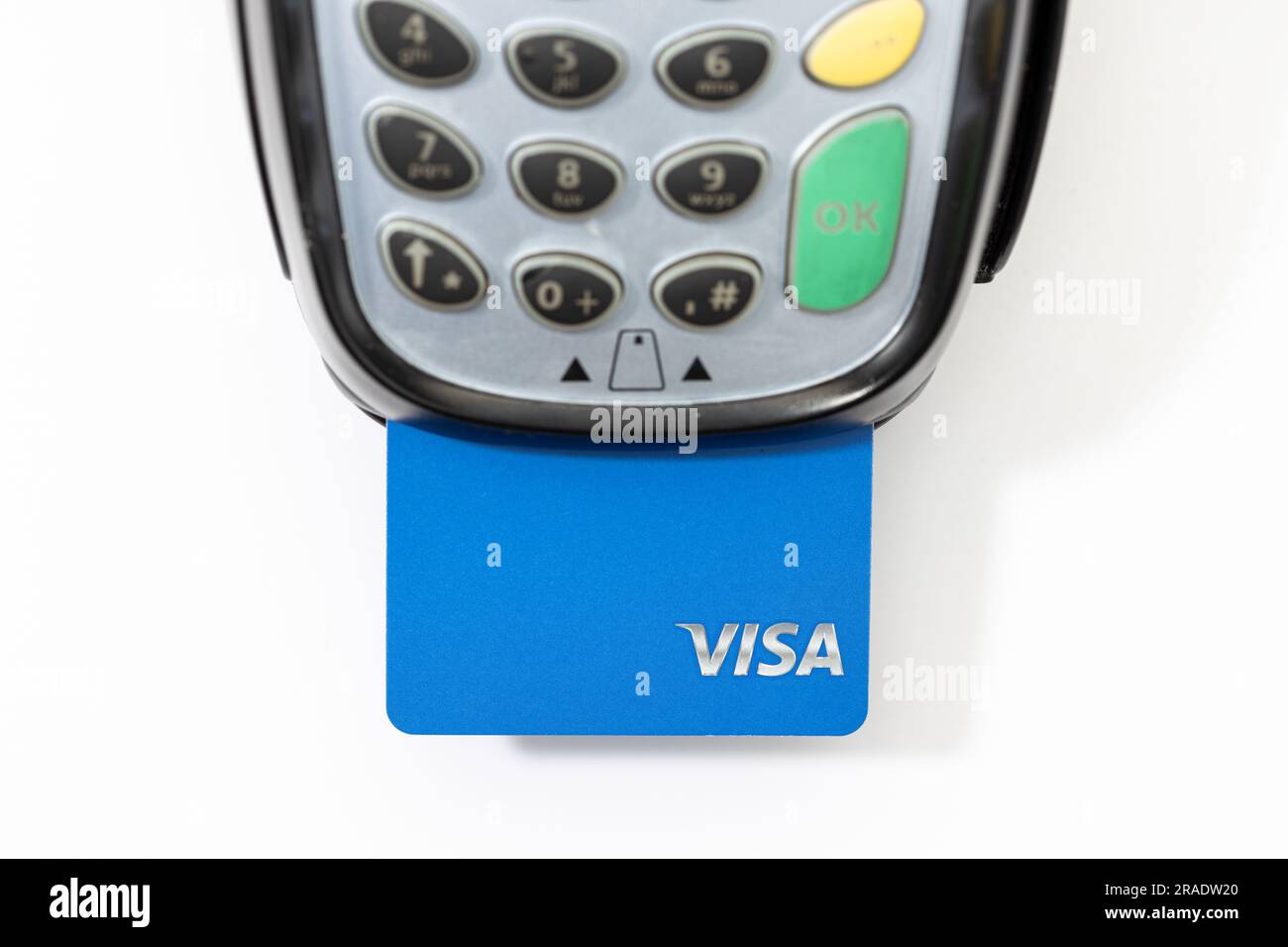 Galicia, Spain; july 03, 2023: Visa card on payment terminal Stock Photo
