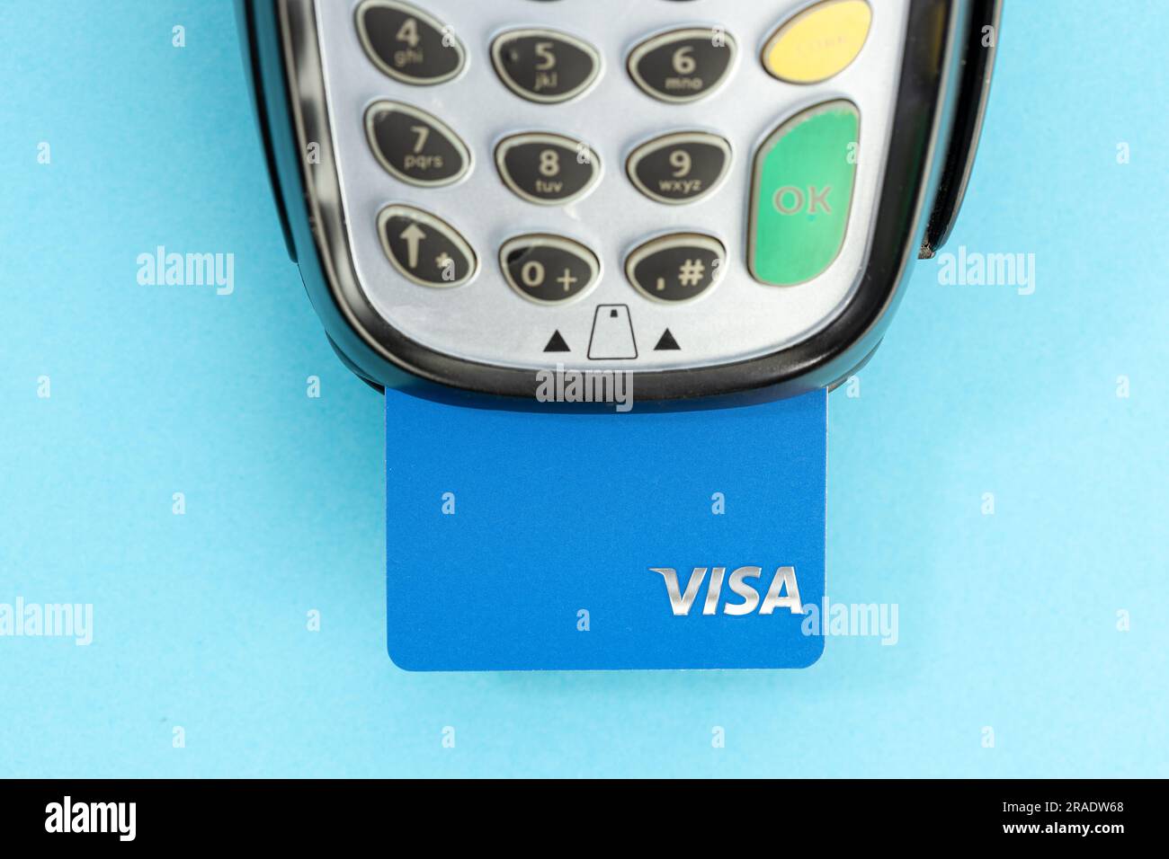 Galicia, Spain; july 03, 2023: Visa card on payment terminal Stock Photo