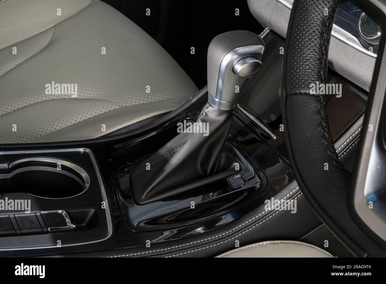 Steering wheel, shift lever, dashboard. Modern car interior Stock Photo
