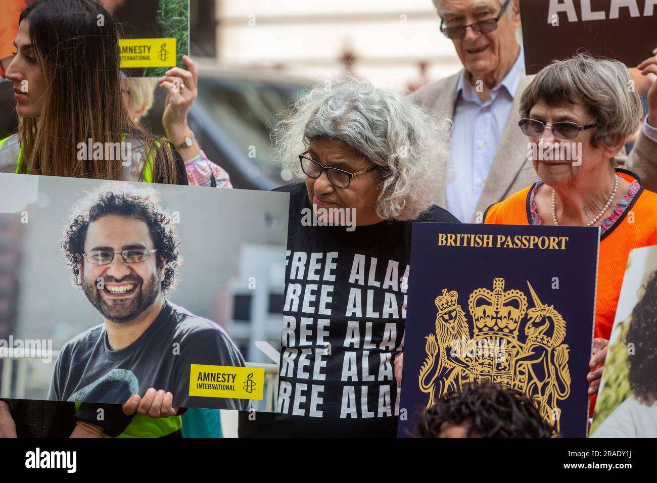 London, England, UK. 3rd July, 2023. Mother of dual British-Egyptian citizen Alaa Abd el-Fattah LAILA SOUEIF joins Amnesty International protesters outside Foreign Office. Protesters submitted a letter signed by 100 MPs and peers to the UK Foreign Office calling on Foreign Secretary James Cleverly to take action to free Alaa Abd el-Fattah. (Credit Image: © Tayfun Salci/ZUMA Press Wire/Alamy Live News) EDITORIAL USAGE ONLY! Not for Commercial USAGE! Stock Photo