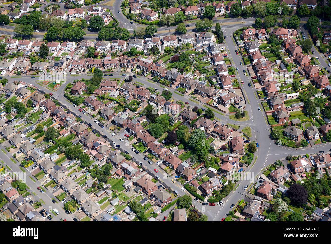 An aerial view of semi detached suburbia, at Carr Manor Estate, North Leeds, West Yorkshire