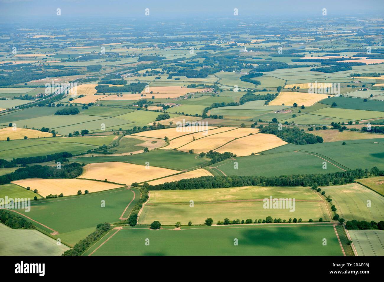 From the air, British rural landscape showing field patterns and crops ready for harvest, North Yorkshire, Northern England, UK Stock Photo