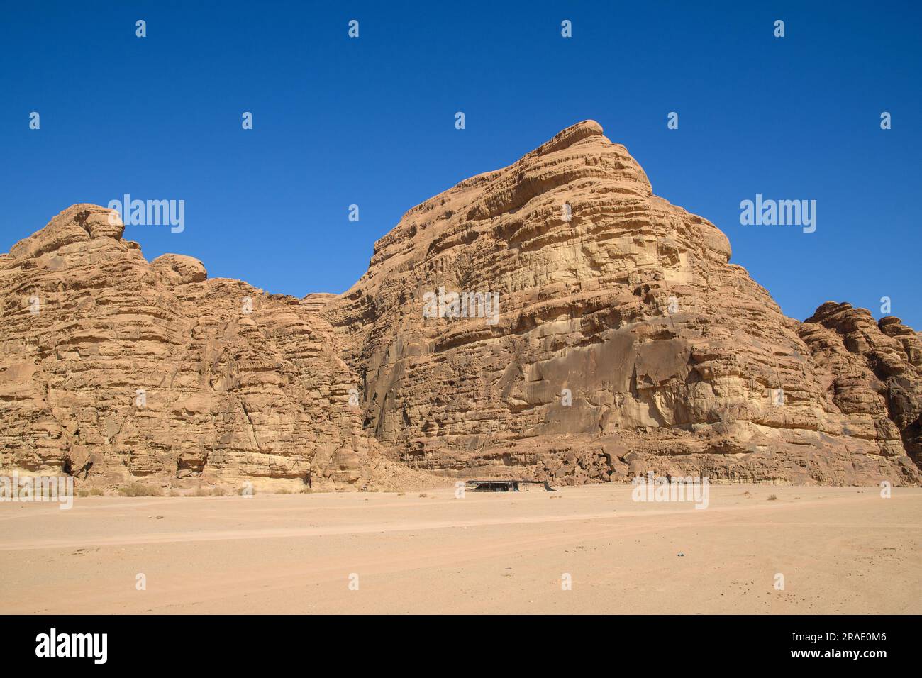 Arabian desert. Wadi Rum. Space landscape. Footprints in the sand. Filming location for many science fiction films. Stock Photo