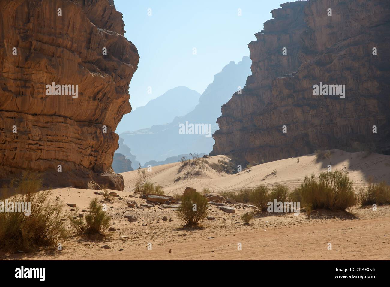 Arabian desert. Wadi Rum. Space landscape. Footprints in the sand. Filming location for many science fiction films. Stock Photo