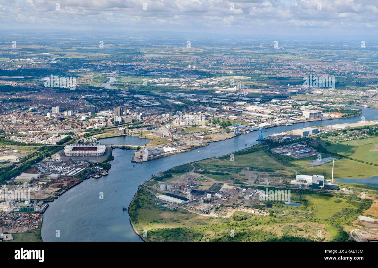 The river Tees and Middlesbrough, Teeside, north east England, UK, Middlesbrough FC ground prominent Stock Photo
