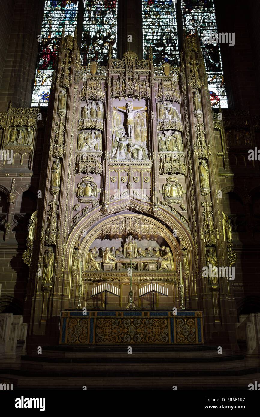 Viewed here is The High Altar, an internal aspect related to Liverpool Anglican Cathedral. Stock Photo