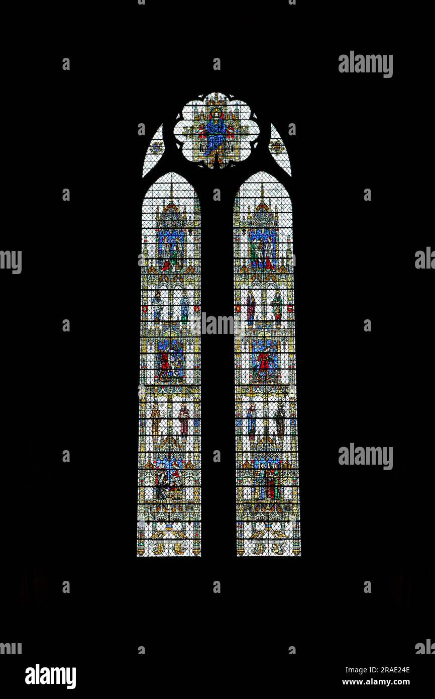 A fine example of the varied and beautiful stained glass windows within