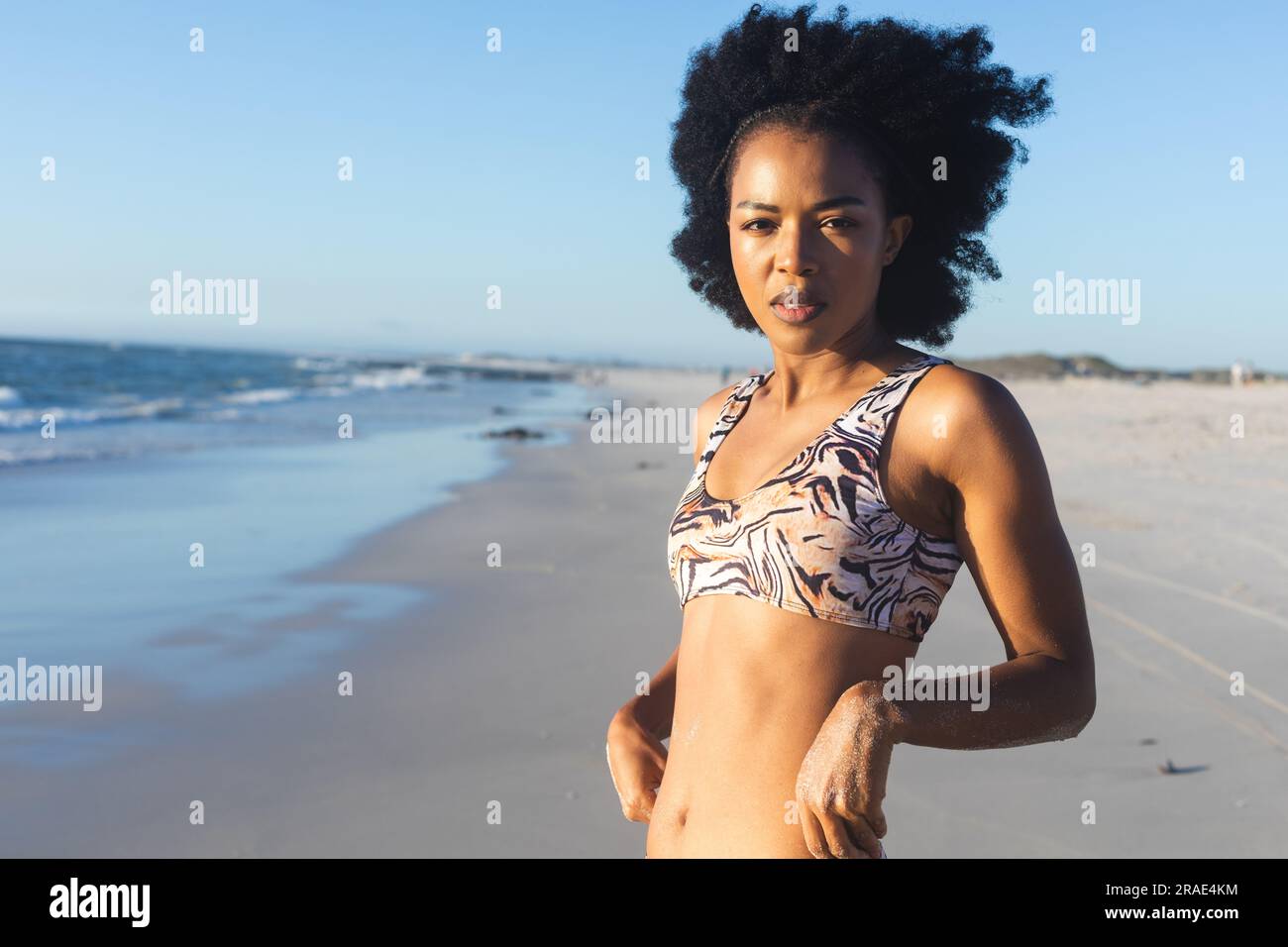 Portrait of african american woman in bikini standing on sunny beach by the sea Stock Photo